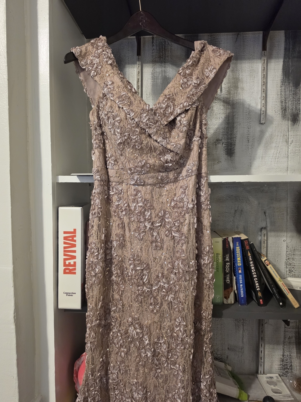 XSCAPE RC4618 “Jill” Lace Maxi Gown With Sequins, Taupe Size 14